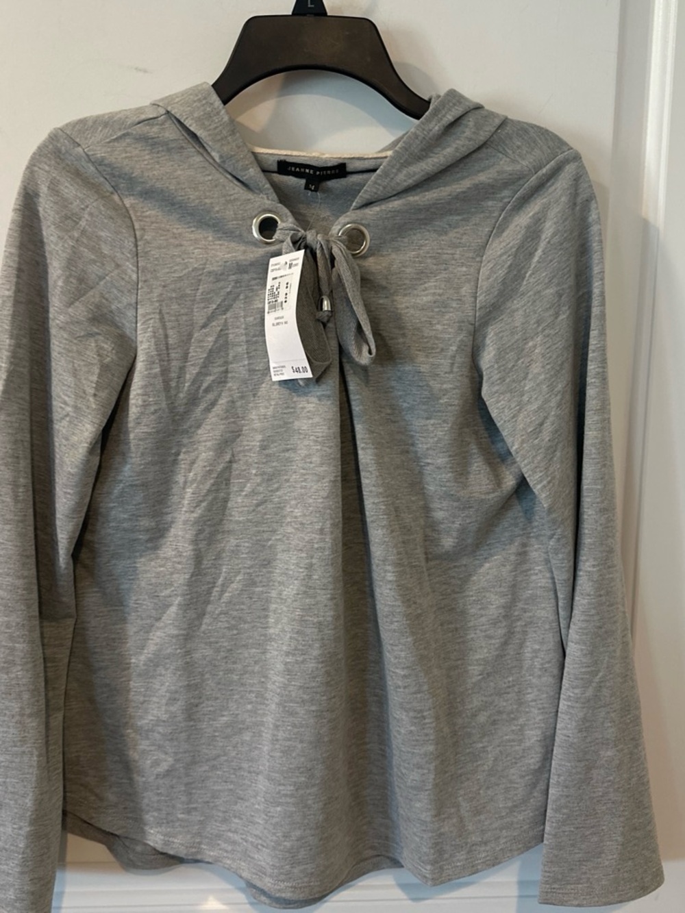 JEANNE PIERRE Light Gray Hooded Lace-Up Long Sleeve Top